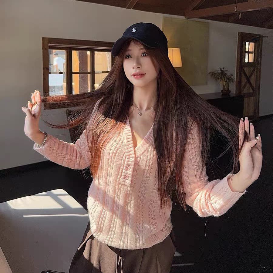 순수한 욕망 바람 분말 색상 V넥 단추 니트 스웨터 여성 의류 가을 작은 대중 Chic 연령 감소 맨위 이미지 3