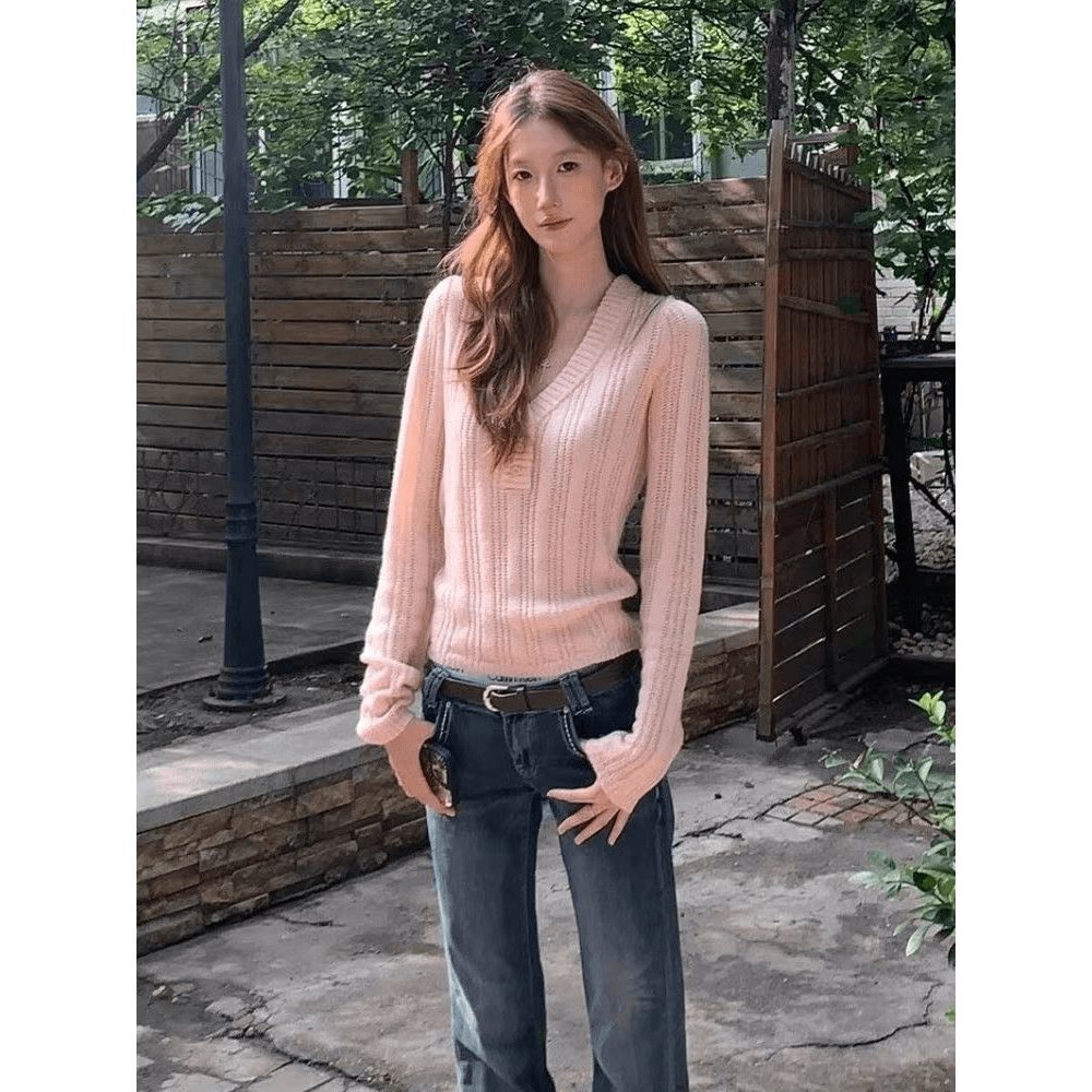 순수한 욕망 바람 분말 색상 V넥 단추 니트 스웨터 여성 의류 가을 작은 대중 Chic 연령 감소 맨위 이미지 5