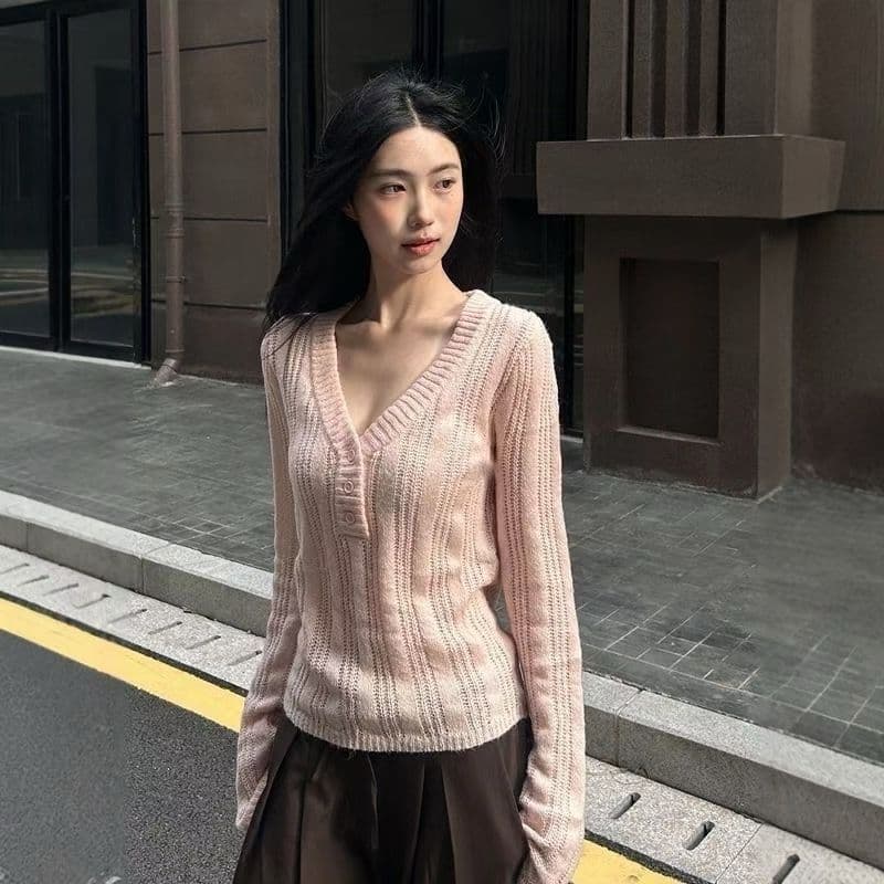 순수한 욕망 바람 분말 색상 V넥 단추 니트 스웨터 여성 의류 가을 작은 대중 Chic 연령 감소 맨위 상세 이미지 3