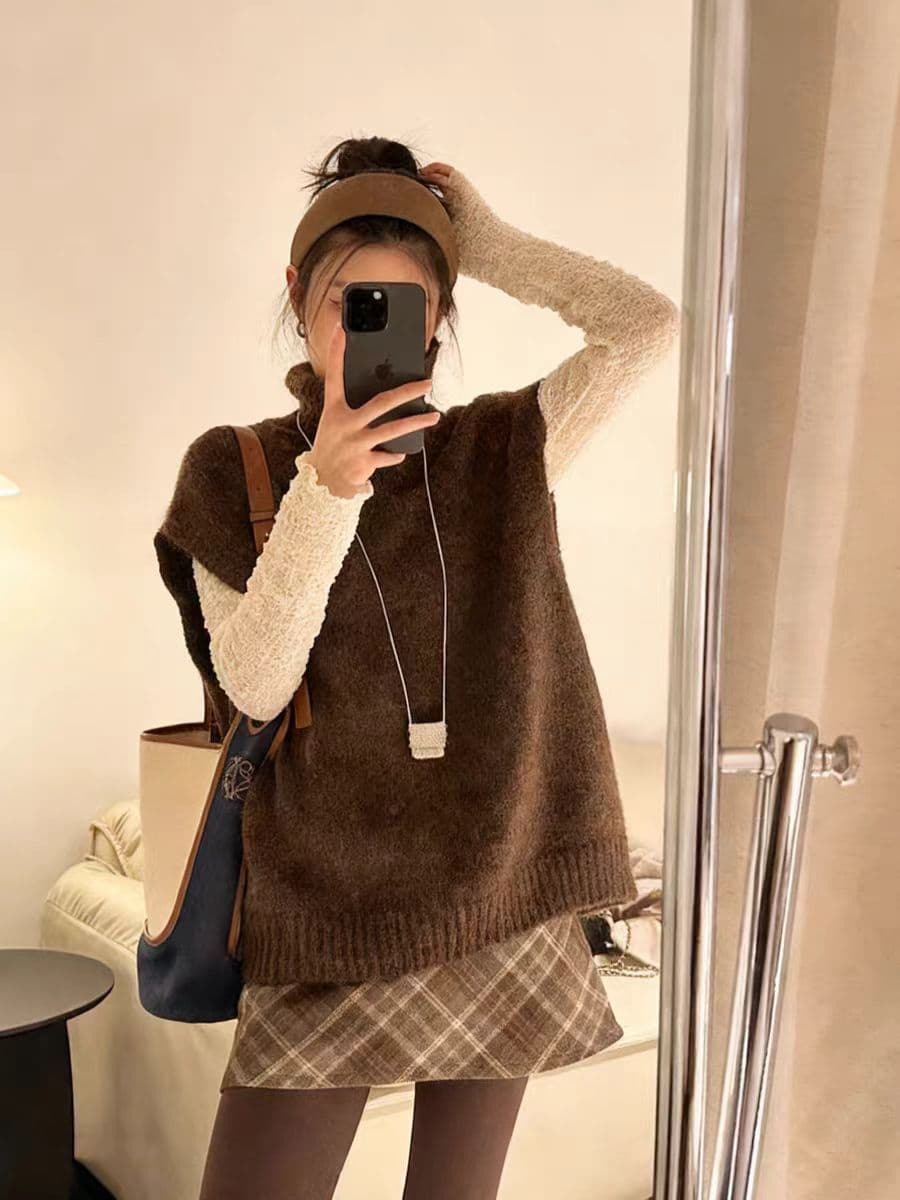 한 부서 터틀넥 조끼 스웨터 여자 느긋한 느슨함 센스 다용도 스택 착용 민소매 맨위 재고 있음 상세 이미지 8