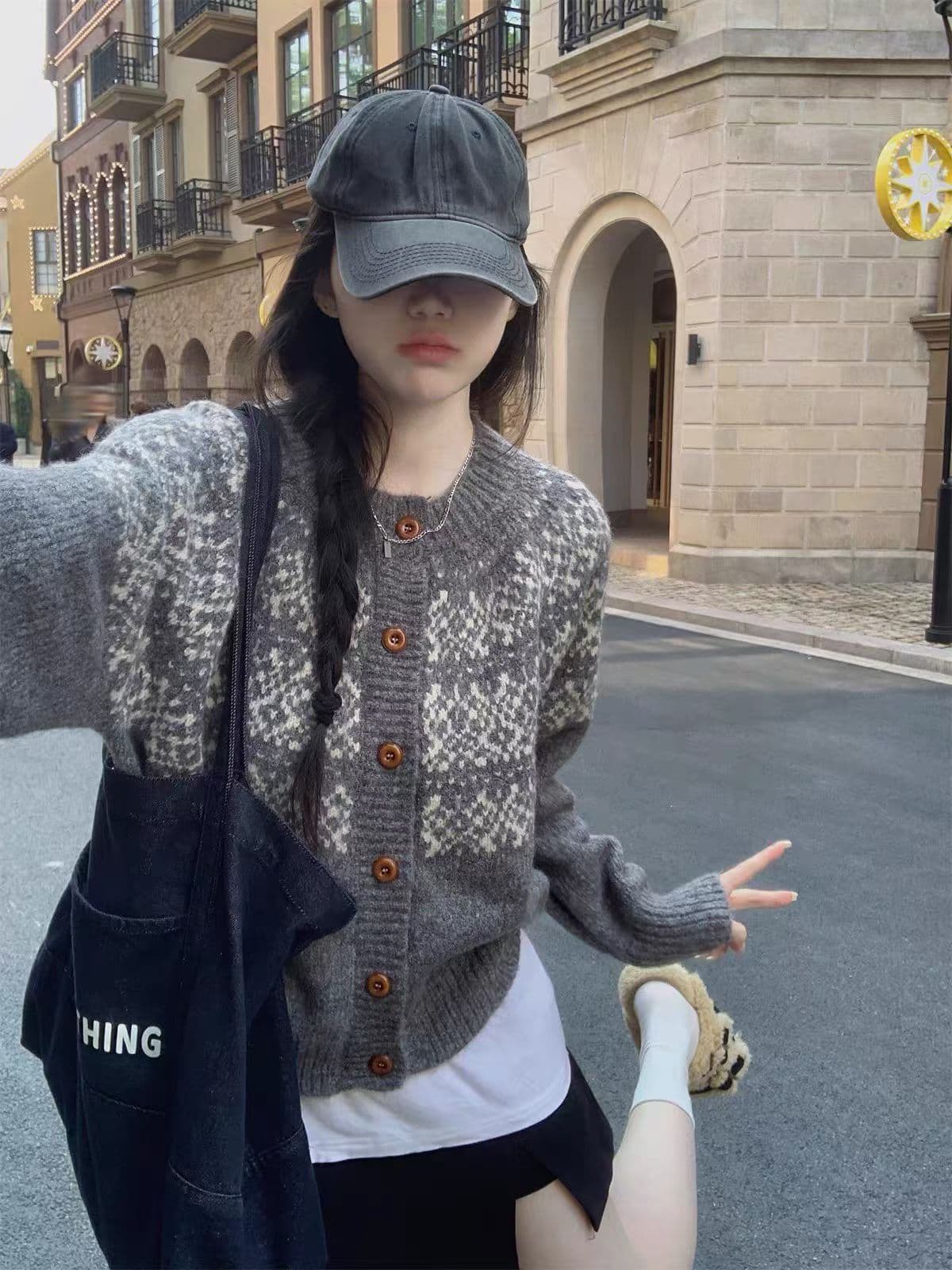 한 부서 판 수수료 레트로 자카드 라운드 넥 오픈 가디건 가을 겨울 찹쌀 프로 피부 루즈핏 니트 느긋한 스웨터 코트 맨위 여성 상세 이미지 2