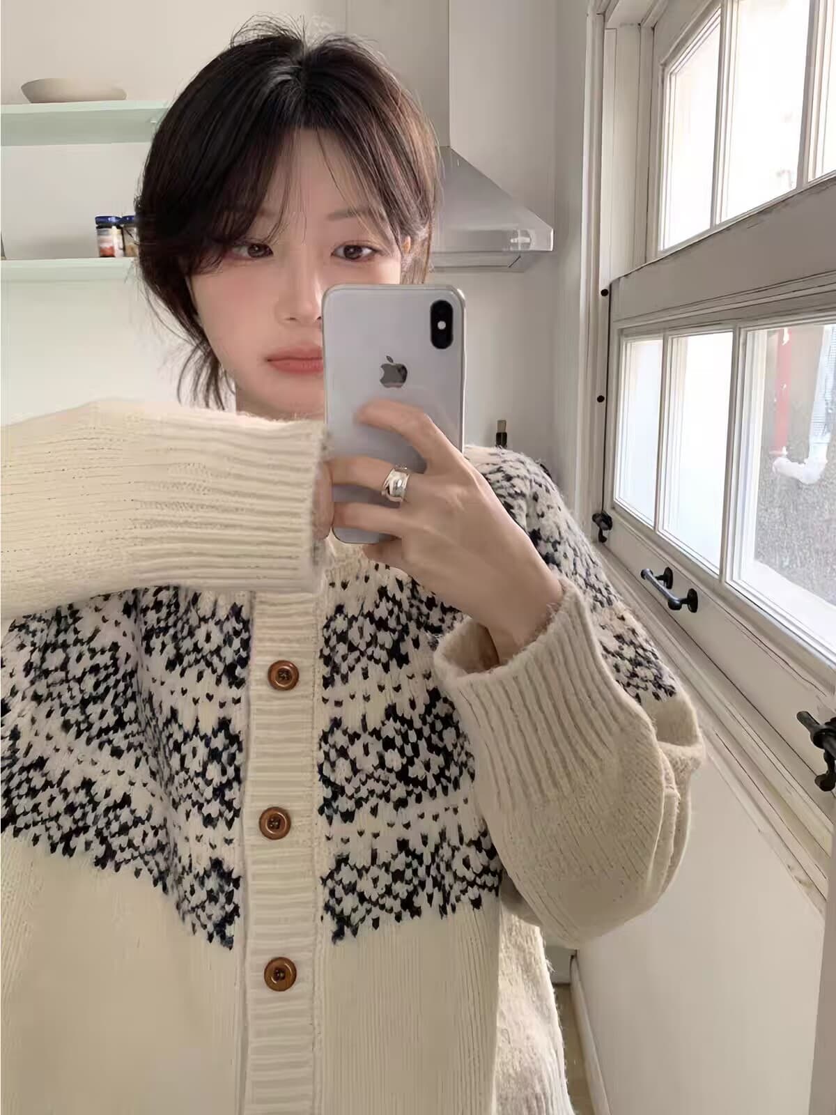 한 부서 판 수수료 레트로 자카드 라운드 넥 오픈 가디건 가을 겨울 찹쌀 프로 피부 루즈핏 니트 느긋한 스웨터 코트 맨위 여성 상세 이미지 6