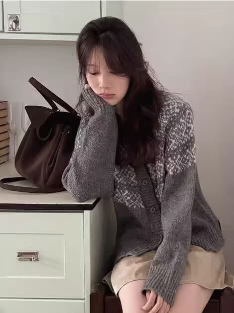 한 부서 판 수수료 레트로 자카드 라운드 넥 오픈 가디건 가을 겨울 찹쌀 프로 피부 루즈핏 니트 느긋한 스웨터 코트 맨위 여성 상세 이미지 8
