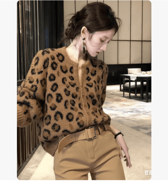 느긋한 바람 레오파드 무늬 긴팔 니트 오픈 가디건 부드러운 찹쌀 스웨터 코트 레오파드 무늬 라운드 넥 긴팔 다용도 품격 니트 스웨터 상세 이미지 2