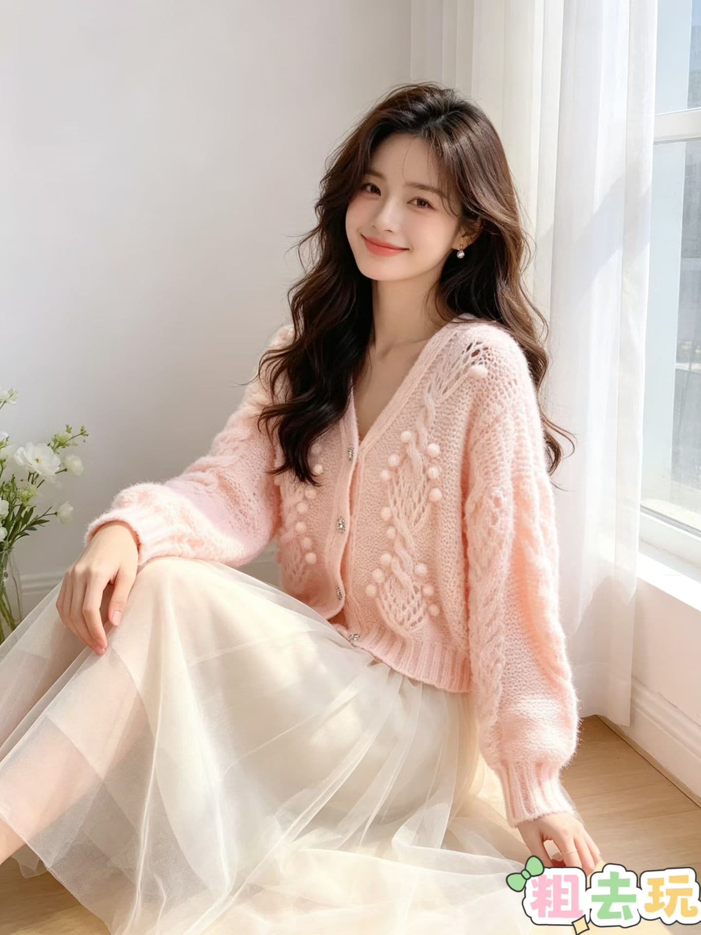 한 부서 루즈핏 착용 가져 가라. 핑크색 홀로우 아웃 모헤어 스웨터 코트 오픈 가디건 여성 봄 가을 느긋한 바람 맨위 부드러운 찹쌀 바늘 상세 이미지 2