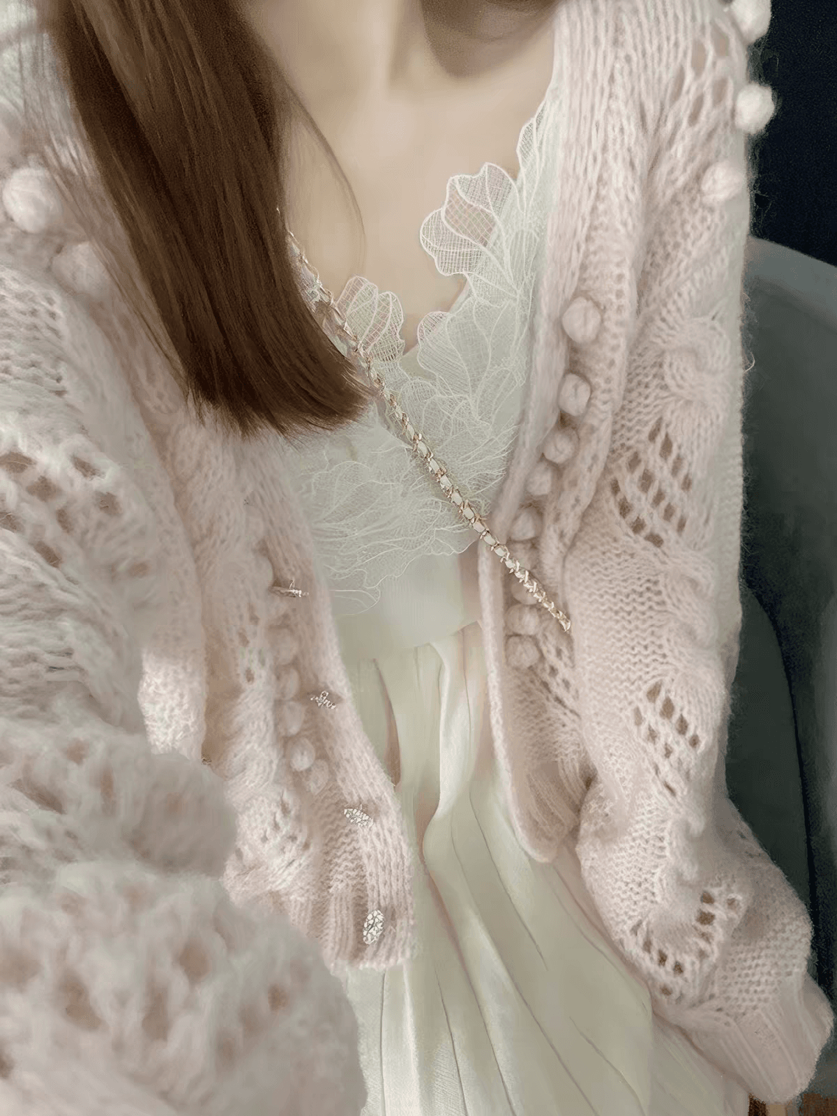 한 부서 루즈핏 착용 가져 가라. 핑크색 홀로우 아웃 모헤어 스웨터 코트 오픈 가디건 여성 봄 가을 느긋한 바람 맨위 부드러운 찹쌀 바늘 상세 이미지 4