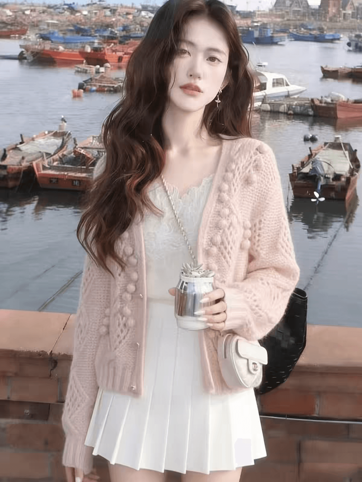 한 부서 루즈핏 착용 가져 가라. 핑크색 홀로우 아웃 모헤어 스웨터 코트 오픈 가디건 여성 봄 가을 느긋한 바람 맨위 부드러운 찹쌀 바늘 상세 이미지 5