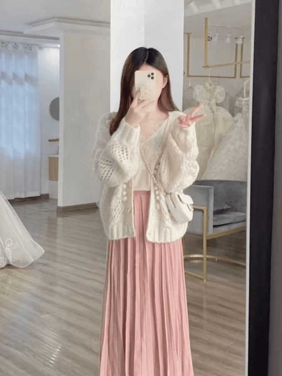 한 부서 루즈핏 착용 가져 가라. 핑크색 홀로우 아웃 모헤어 스웨터 코트 오픈 가디건 여성 봄 가을 느긋한 바람 맨위 부드러운 찹쌀 바늘 상세 이미지 8