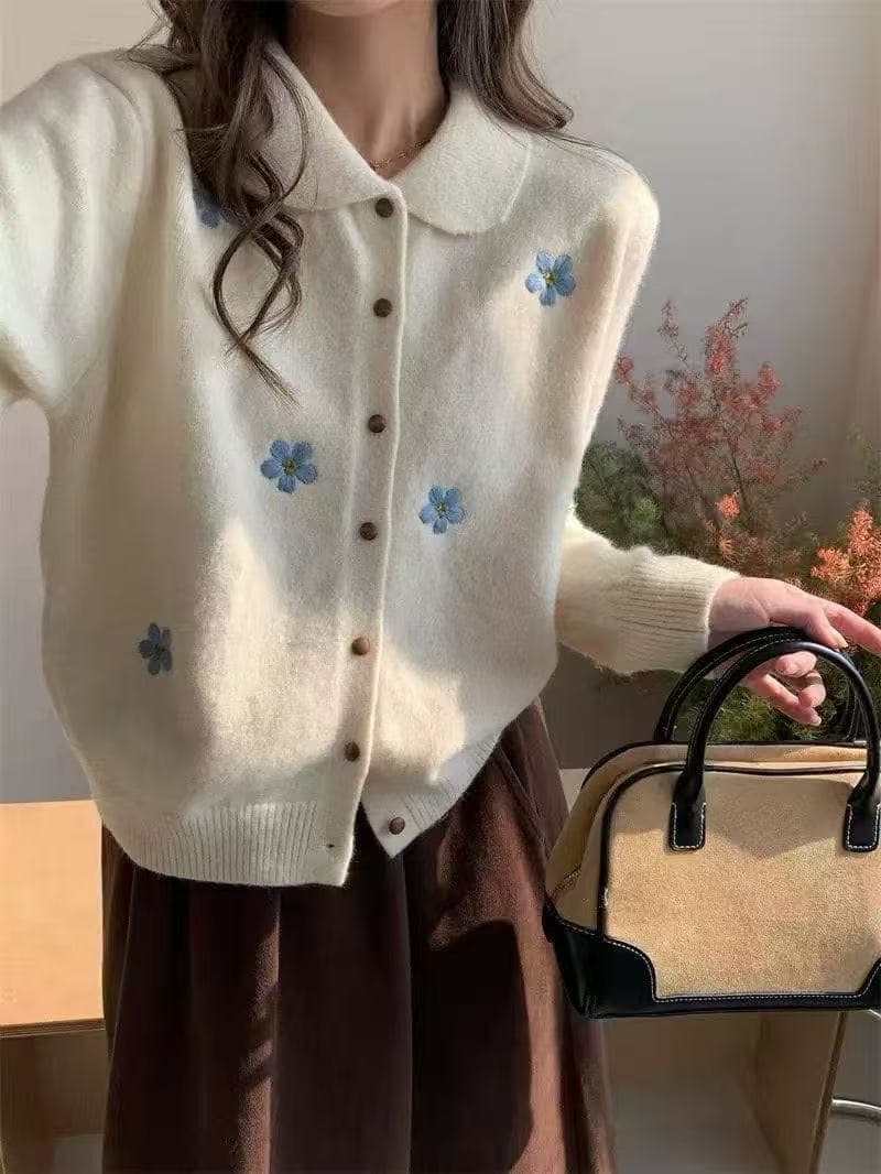 센 부서 레트로 칙칙한 흰색 POLO 칼라 니트 오픈 가디건 한 부서 자수 학원 스타일 작은 대중 디자인 센스 스웨터 코트 상세 이미지 1