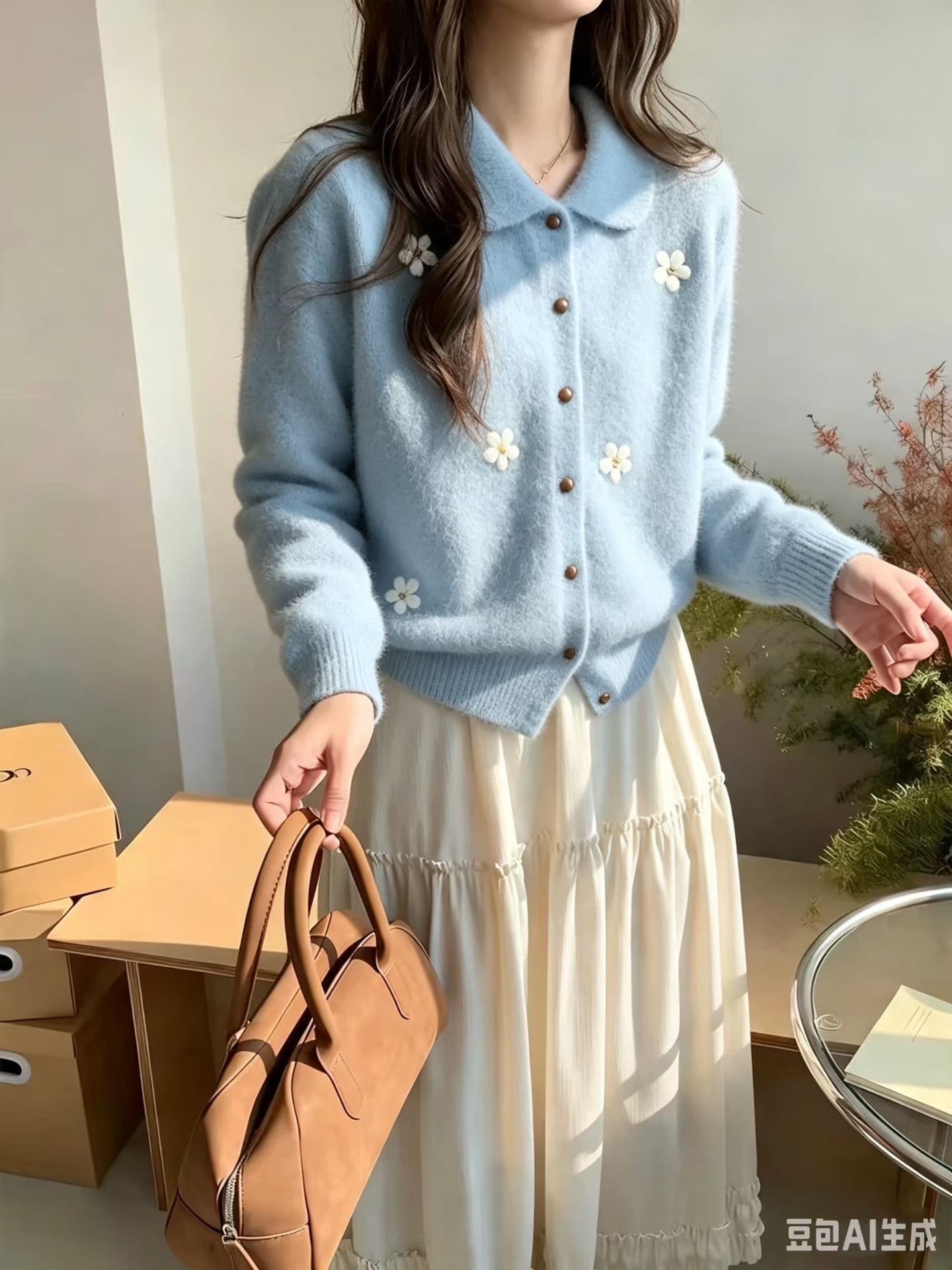 센 부서 레트로 칙칙한 흰색 POLO 칼라 니트 오픈 가디건 한 부서 자수 학원 스타일 작은 대중 디자인 센스 스웨터 코트 상세 이미지 3