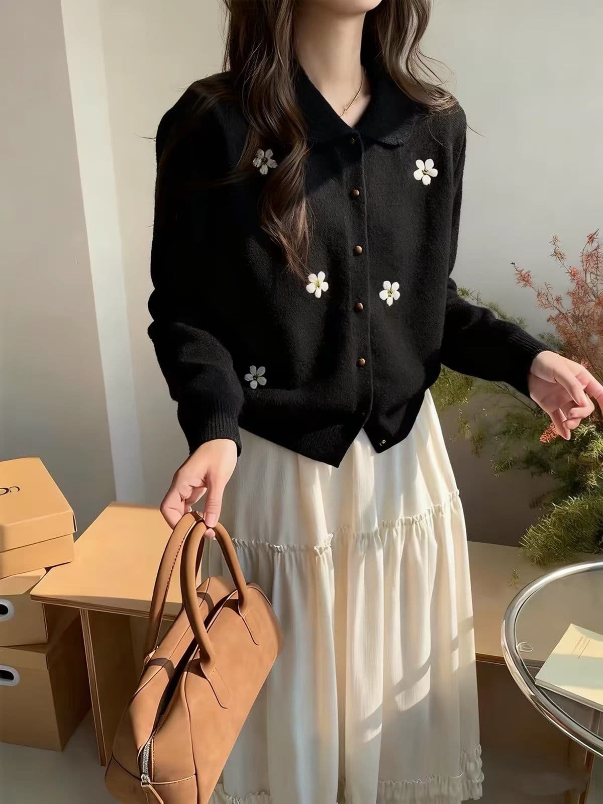 센 부서 레트로 칙칙한 흰색 POLO 칼라 니트 오픈 가디건 한 부서 자수 학원 스타일 작은 대중 디자인 센스 스웨터 코트 상세 이미지 7