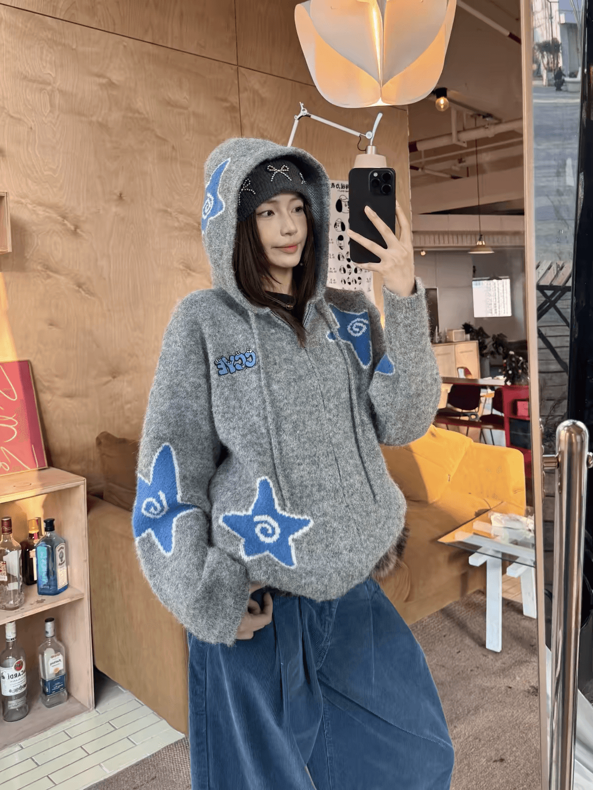 아메리칸 레트로 루즈핏 후드 별 느긋한 바람 오픈 가디건 스웨터 여성 코트 가을 겨울 캐주얼 작은 대중 맨위 이미지 2
