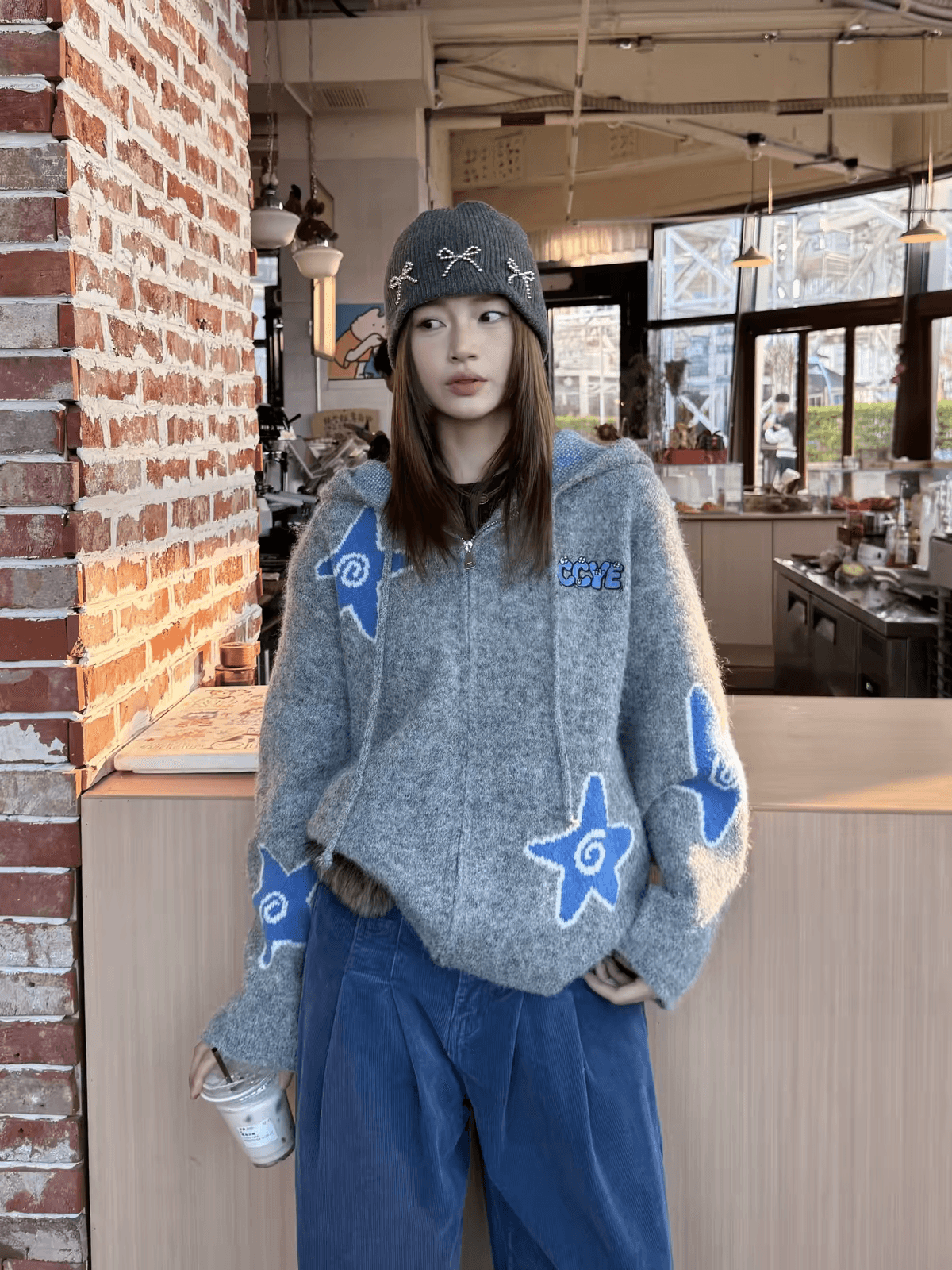 아메리칸 레트로 루즈핏 후드 별 느긋한 바람 오픈 가디건 스웨터 여성 코트 가을 겨울 캐주얼 작은 대중 맨위 이미지 3