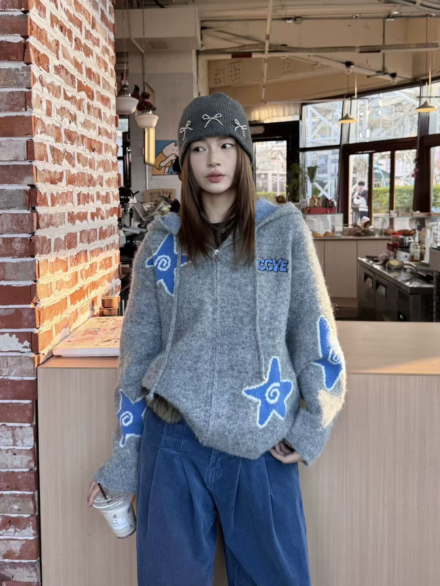 아메리칸 레트로 루즈핏 후드 별 느긋한 바람 오픈 가디건 스웨터 여성 코트 가을 겨울 캐주얼 작은 대중 맨위 상세 이미지 6