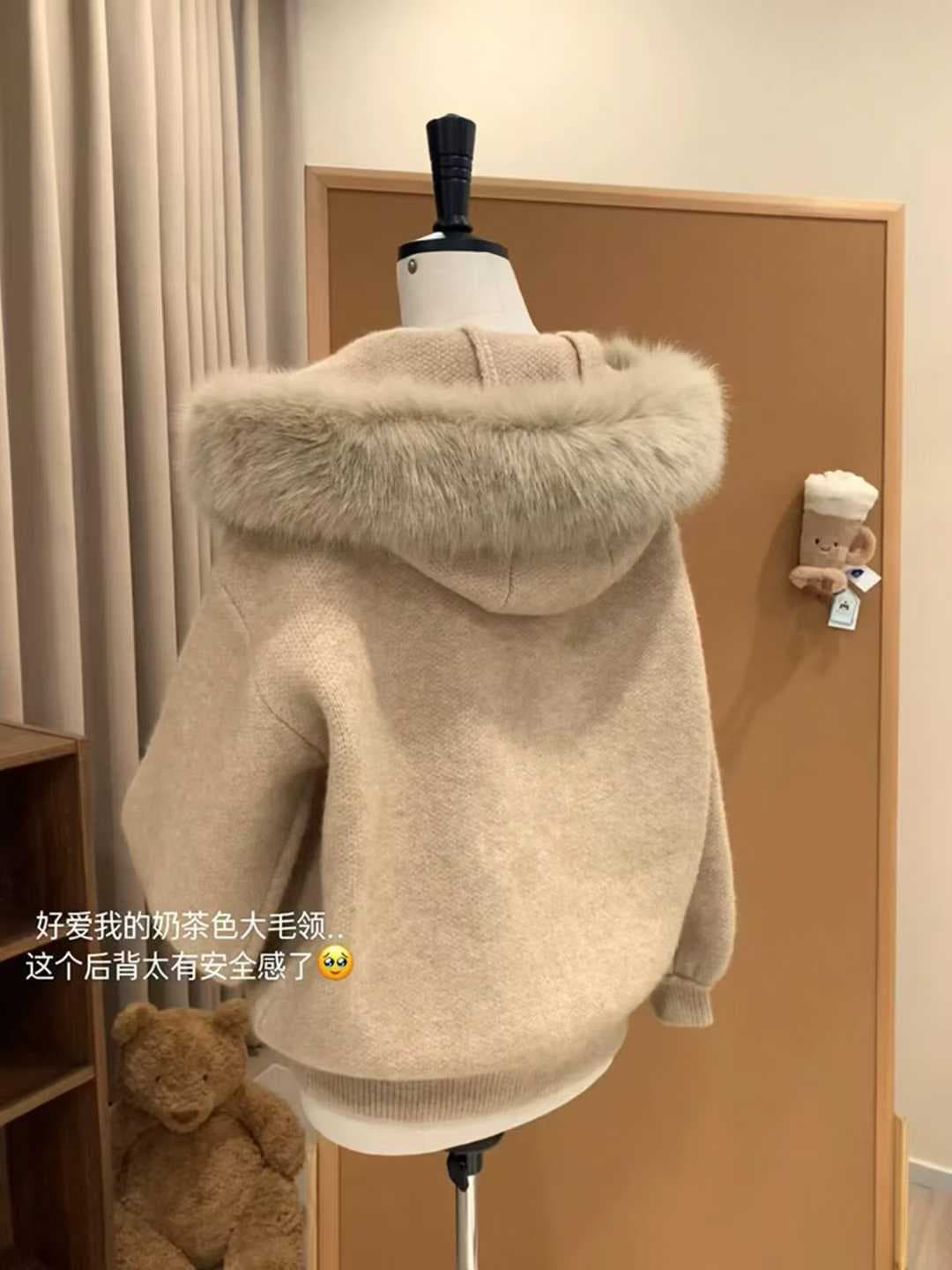 한 부서 고급 센스 큰 모피 칼라 후드 니트 오픈 가디건 스웨터 여자 가을 겨울 루즈핏 외부 전기 느긋한 바람 재킷 맨위