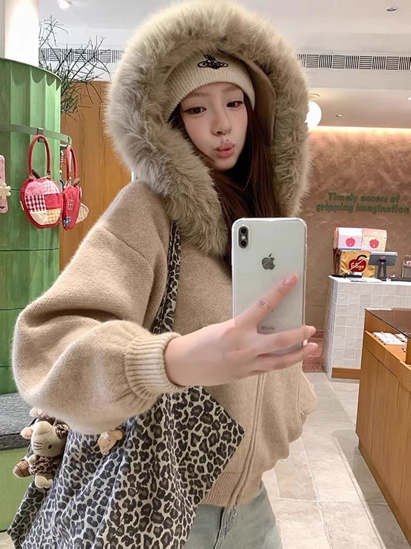 한 부서 고급 센스 큰 모피 칼라 후드 니트 오픈 가디건 스웨터 여자 가을 겨울 루즈핏 외부 전기 느긋한 바람 재킷 맨위 이미지 4