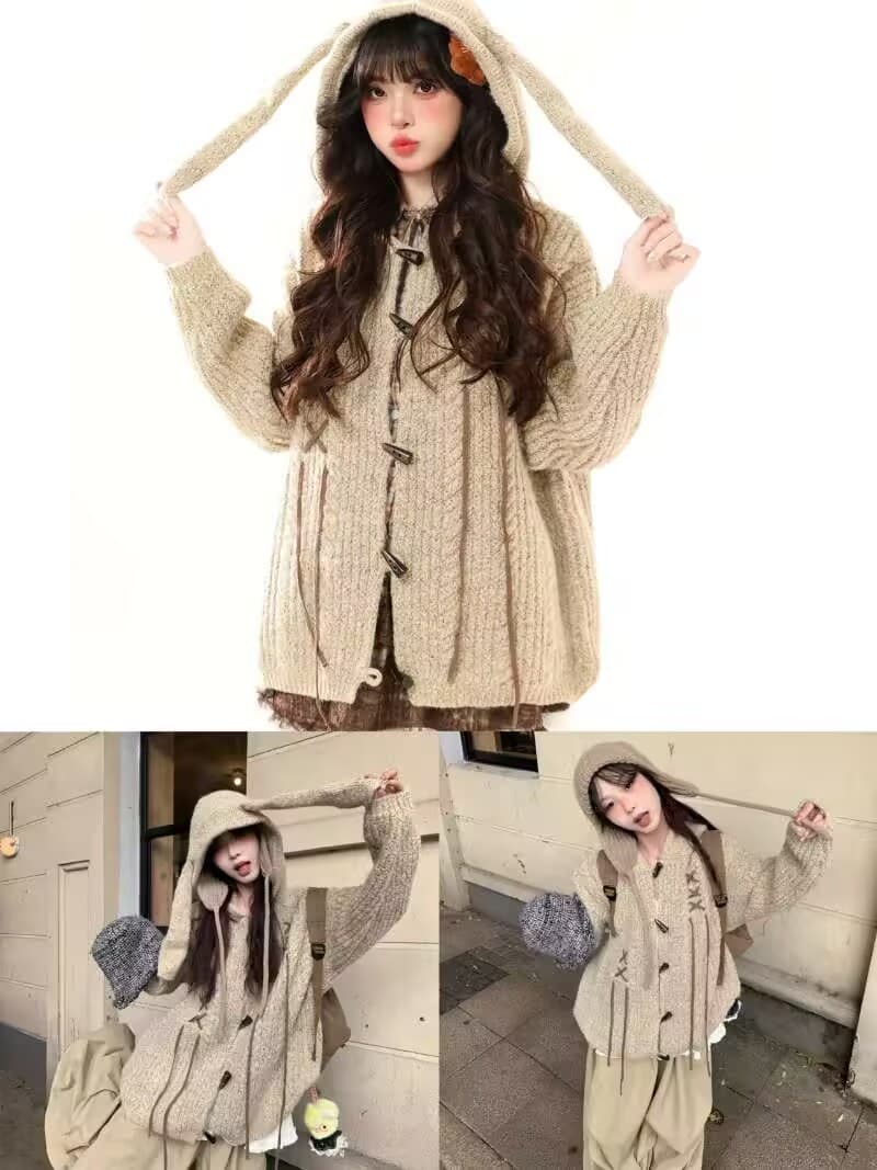 아메리칸 소뿔 버클 오픈 가디건 스웨터 여자 가을 겨울 아름다움 라드. 느긋한 바람 루즈핏 작은 대중 토끼 귀 재킷 상세 이미지 4