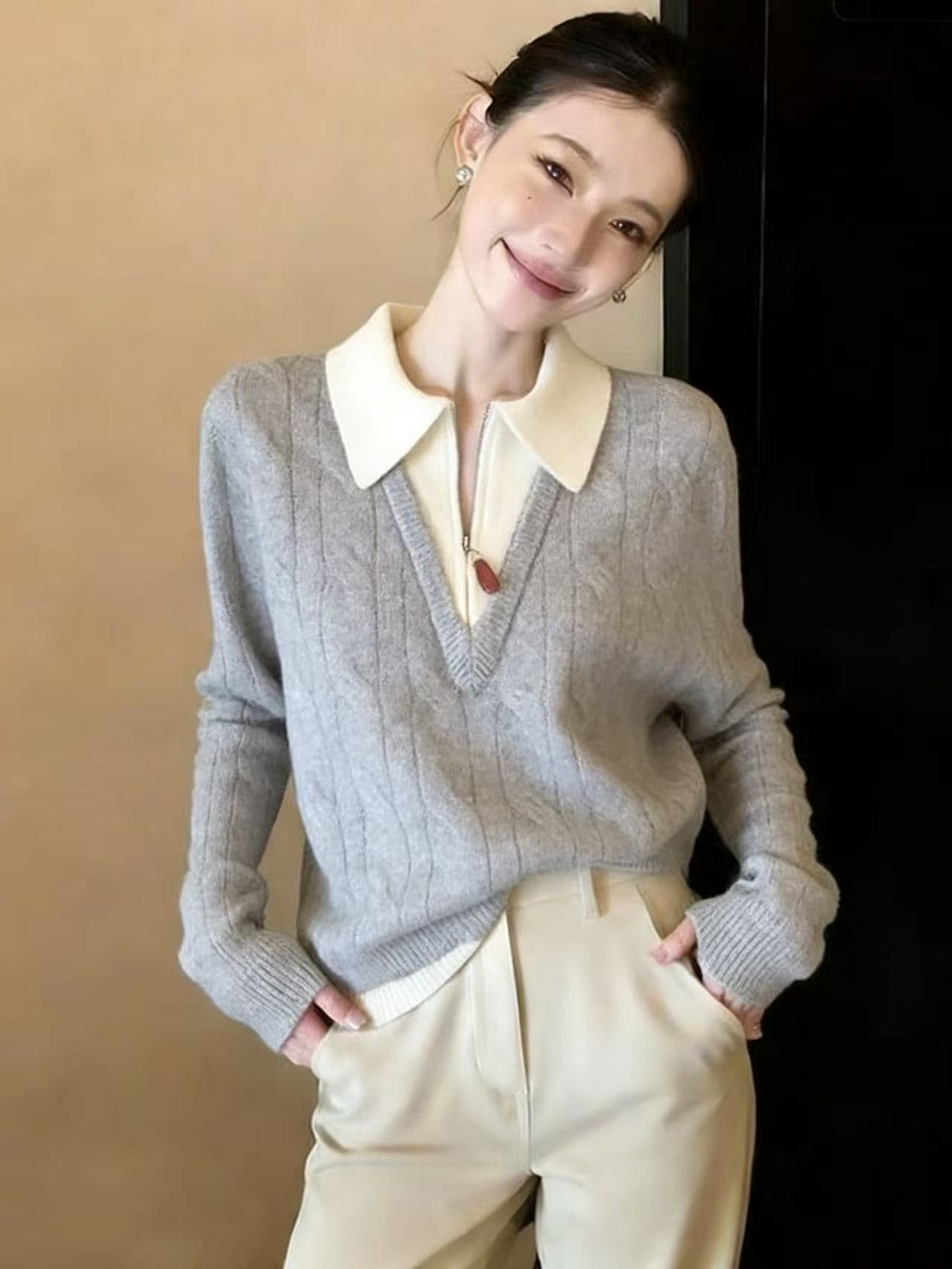 아메리칸 소뿔 버클 오픈 가디건 스웨터 여자 가을 겨울 아름다움 라드. 느긋한 바람 루즈핏 작은 대중 토끼 귀 재킷 상세 이미지 1