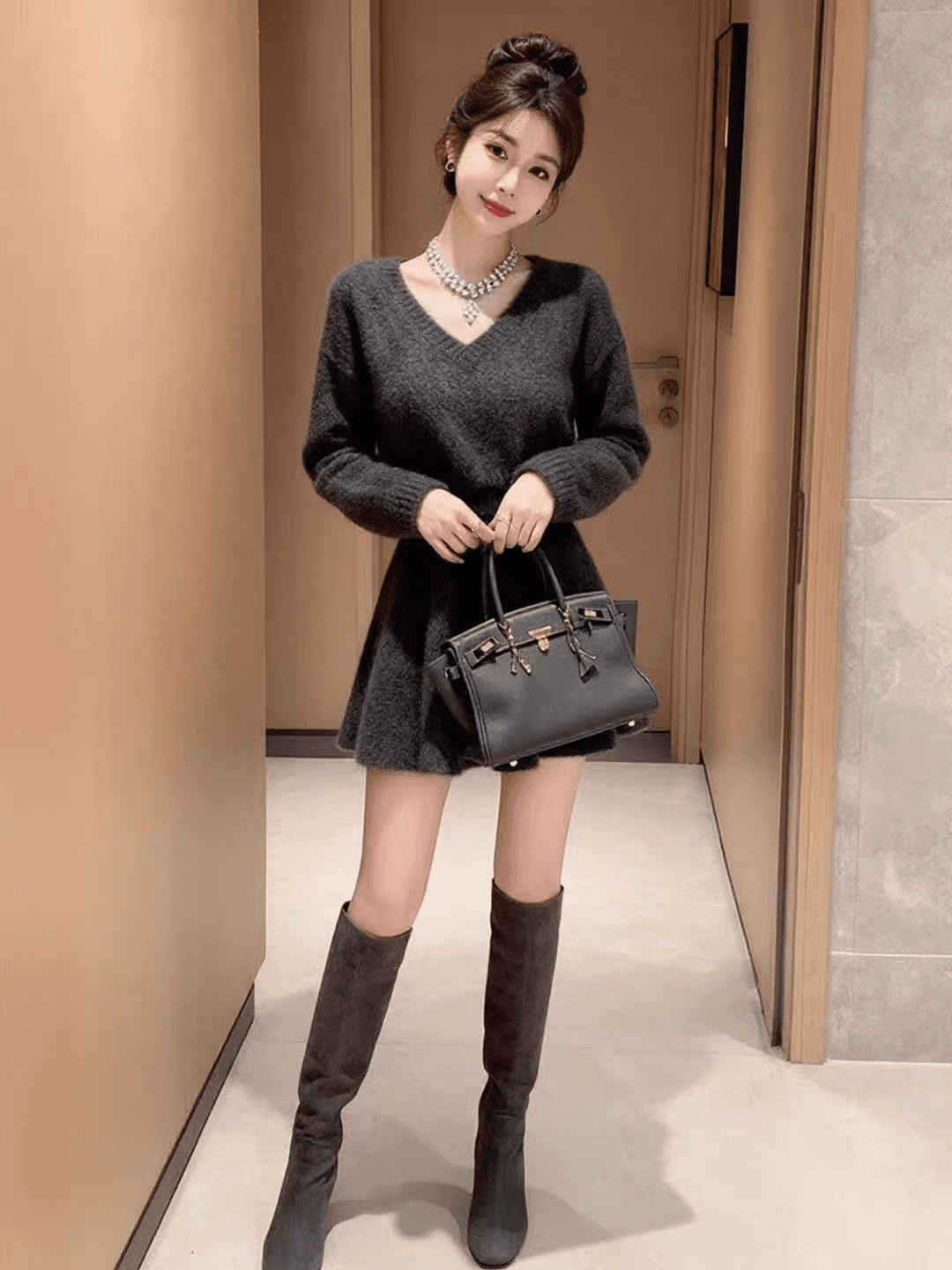 가을 겨울 느긋한 긴팔 스웨터 한 마디 반 스커트 두 조각 여성 세트 새로운 고유 한 Chic V넥 니트 회색 세트 이미지 2