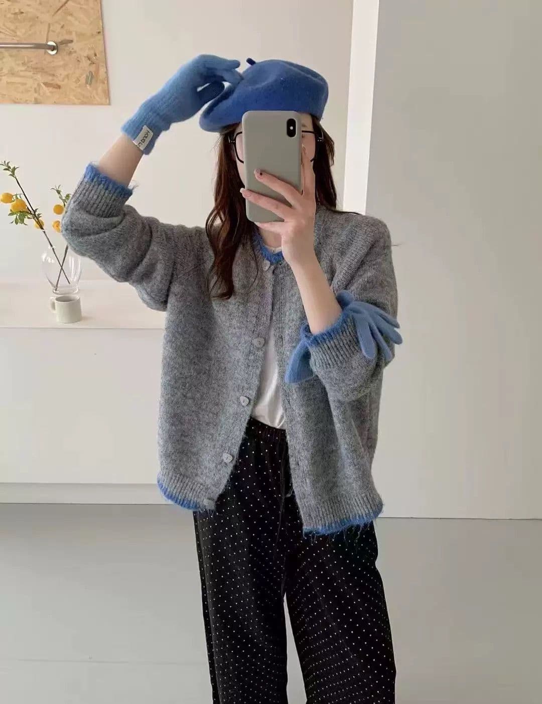 가을 겨울 새로운 한국 스타일 루즈핏 슬림해 보이는 라운드 넥 패치워크 색상 스웨터 여자 다용도 재킷 맨위