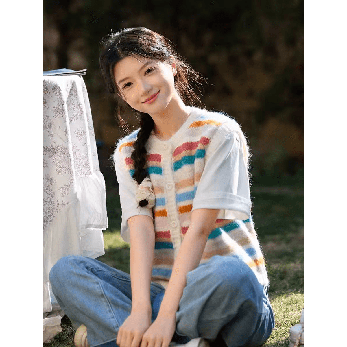 한 부서 무지개 스트라이프 쇼트 스타일 니트 오픈 가디건 조끼 조끼 여자 봄 새로운 작은 키 외출용 맨위 이미지 5