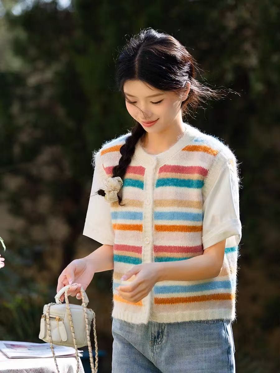 한 부서 무지개 스트라이프 쇼트 스타일 니트 오픈 가디건 조끼 조끼 여자 봄 새로운 작은 키 외출용 맨위 상세 이미지 2