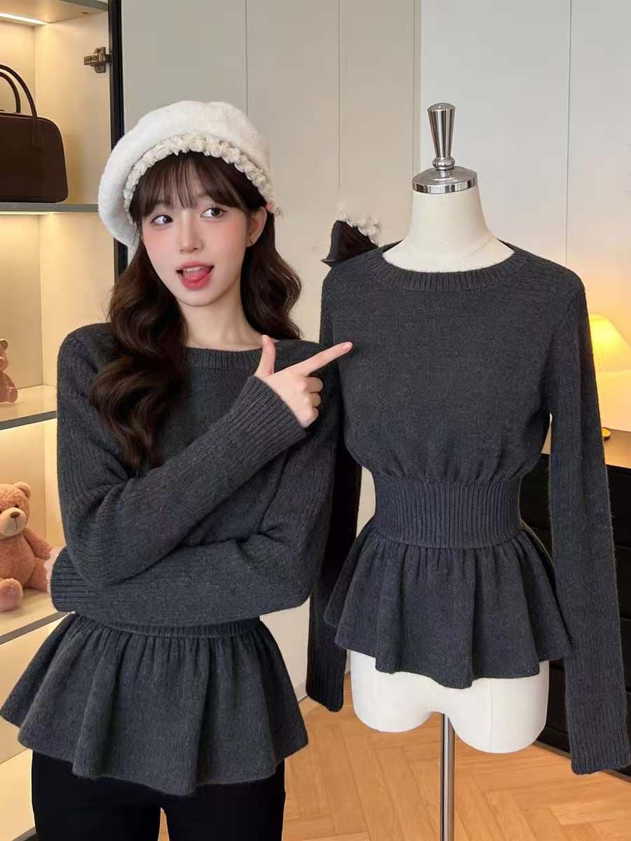 프랑스식 레트로 허리 수축 니트 스웨터 여성 가을 겨울철 2026 년 새로운 보온 두꺼운 스웨터 외국 가스 캐주얼 맨위 상세 이미지 2
