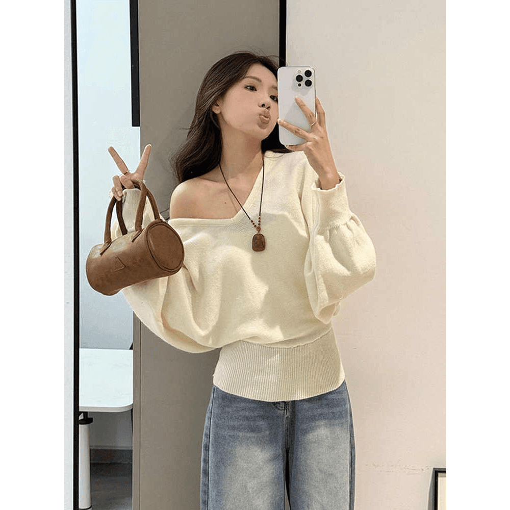 한 부서 느긋한 바람 V넥 배트윙 소매 니트 스웨터 여성 가을 겨울철 고급 센스 품격 스트랩 허리 수축 이미지 5
