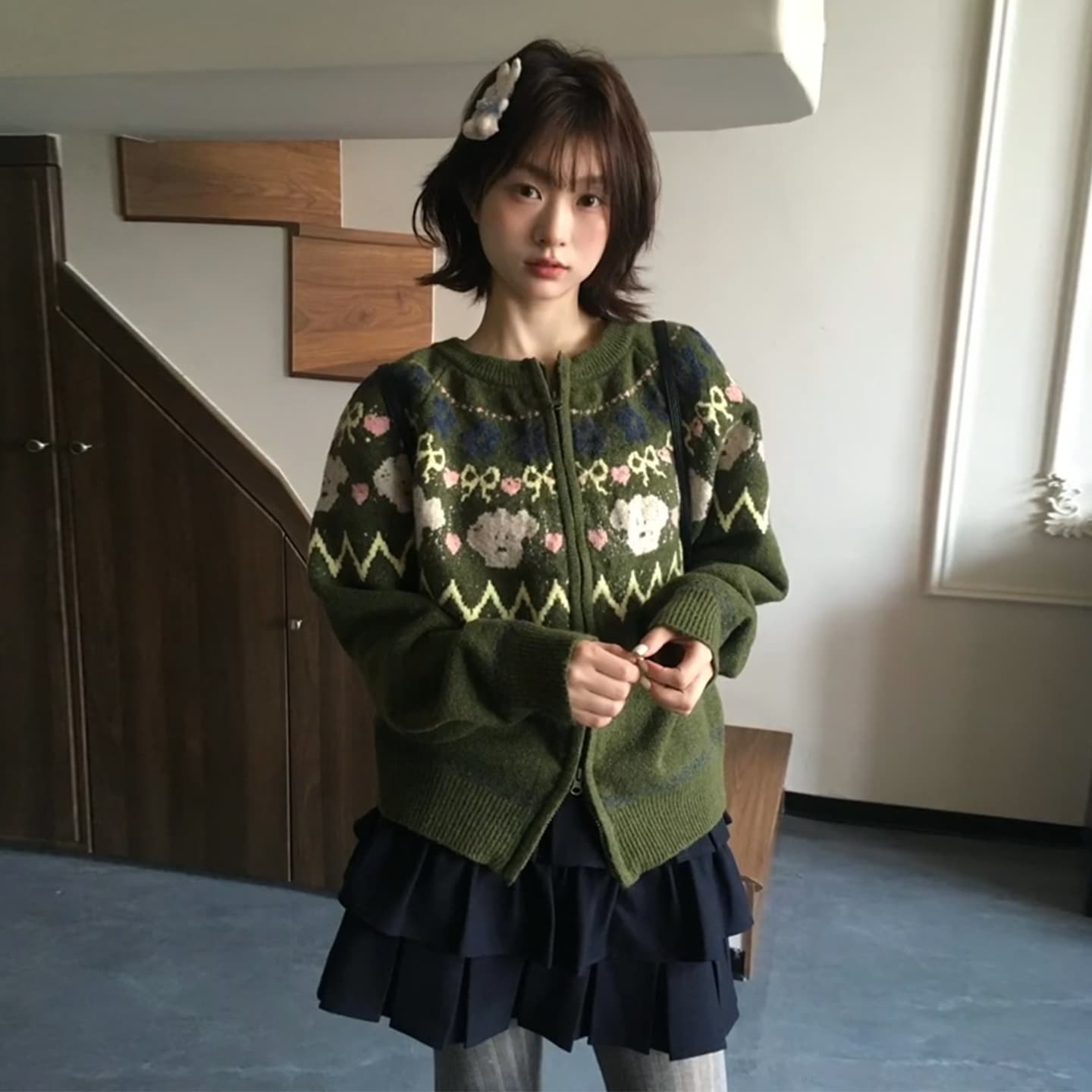 한 부서 패션 레트로 공정한 섬 자카드 니트 오픈 가디건 여성 봄 가을 새로운 지퍼 와이드 부드러운 찹쌀 스웨터 트렌디 이미지 3