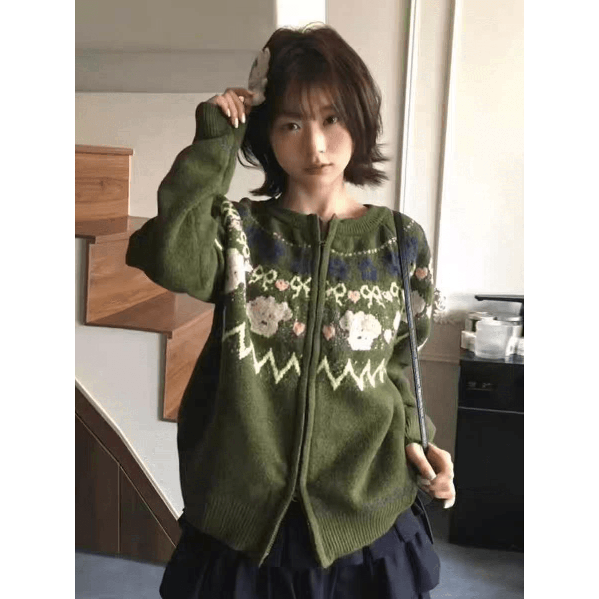 한 부서 패션 레트로 공정한 섬 자카드 니트 오픈 가디건 여성 봄 가을 새로운 지퍼 와이드 부드러운 찹쌀 스웨터 트렌디 이미지 5