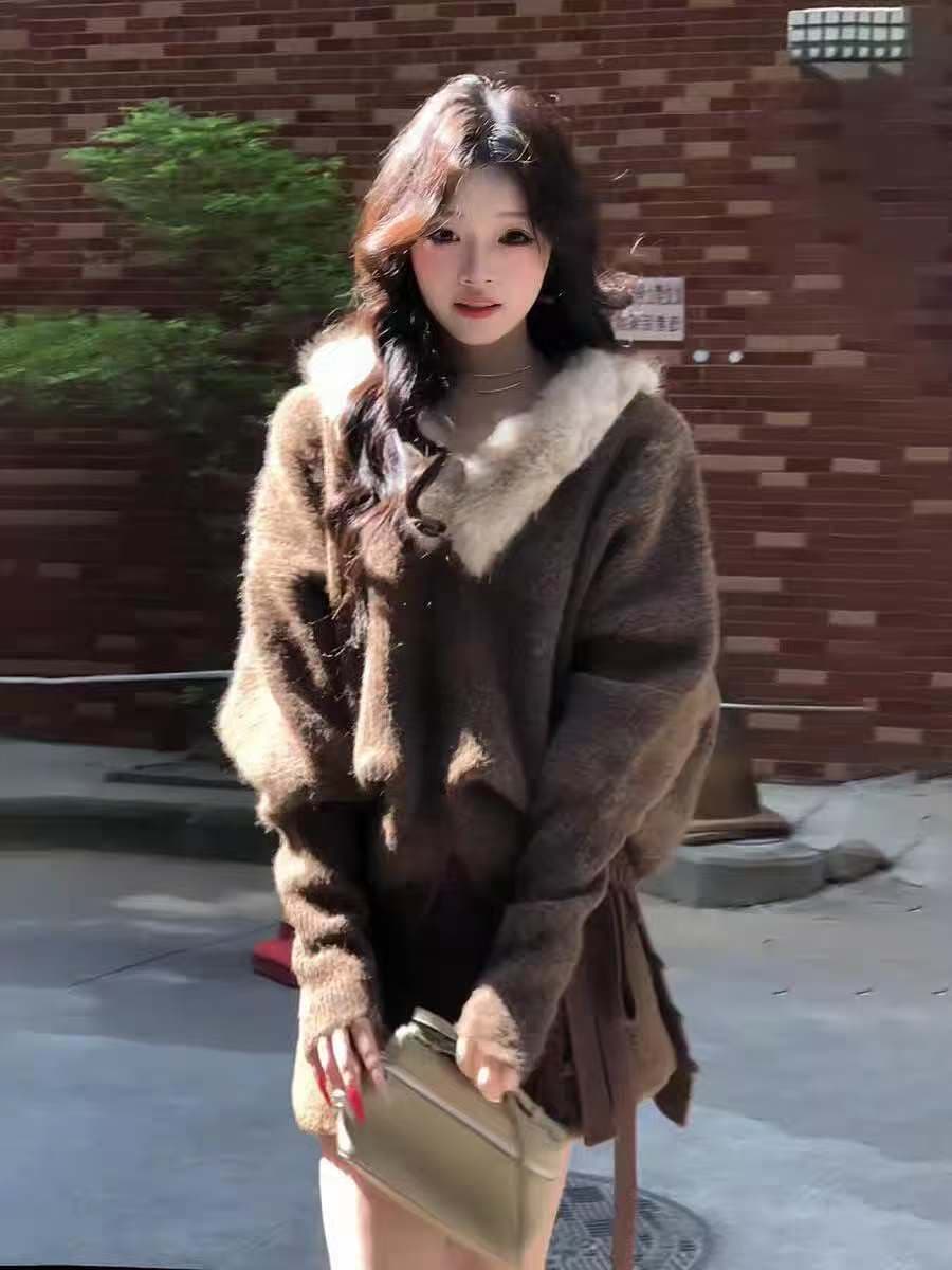 아름다움 라드. 윈디 모피 칼라 니트 오픈 가디건 여성 가을 겨울 새로운 배트윙 소매 느긋한 외국 가스 스웨터 상세 이미지 1