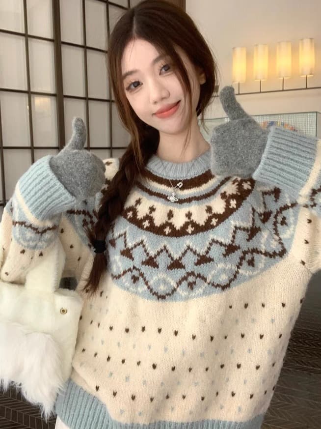 한 부서 스웨터 달콤한 스타일 배색 라운드 넥 풀오버 니트 스웨터 여성 겨울 긴팔 루즈핏 기본 셔츠 파란색 맨위 상세 이미지 2