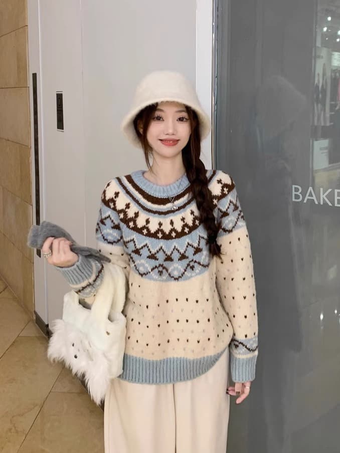 한 부서 스웨터 달콤한 스타일 배색 라운드 넥 풀오버 니트 스웨터 여성 겨울 긴팔 루즈핏 기본 셔츠 파란색 맨위 상세 이미지 3