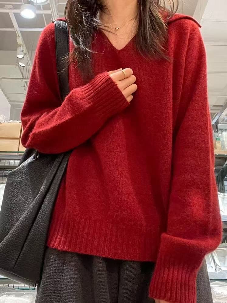 missmarm 한 부서 빨간색 V넥 스웨터 여자 가을 겨울 느긋한 루즈핏 면 양모 니트 폴로 칼라 풀오버 맨위 이미지 2