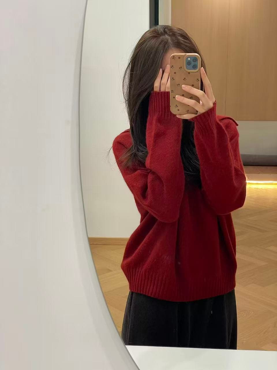 missmarm 한 부서 빨간색 V넥 스웨터 여자 가을 겨울 느긋한 루즈핏 면 양모 니트 폴로 칼라 풀오버 맨위 이미지 3