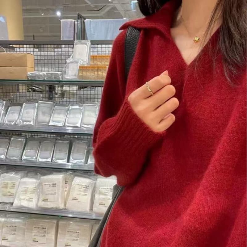 missmarm 한 부서 빨간색 V넥 스웨터 여자 가을 겨울 느긋한 루즈핏 면 양모 니트 폴로 칼라 풀오버 맨위 이미지 5