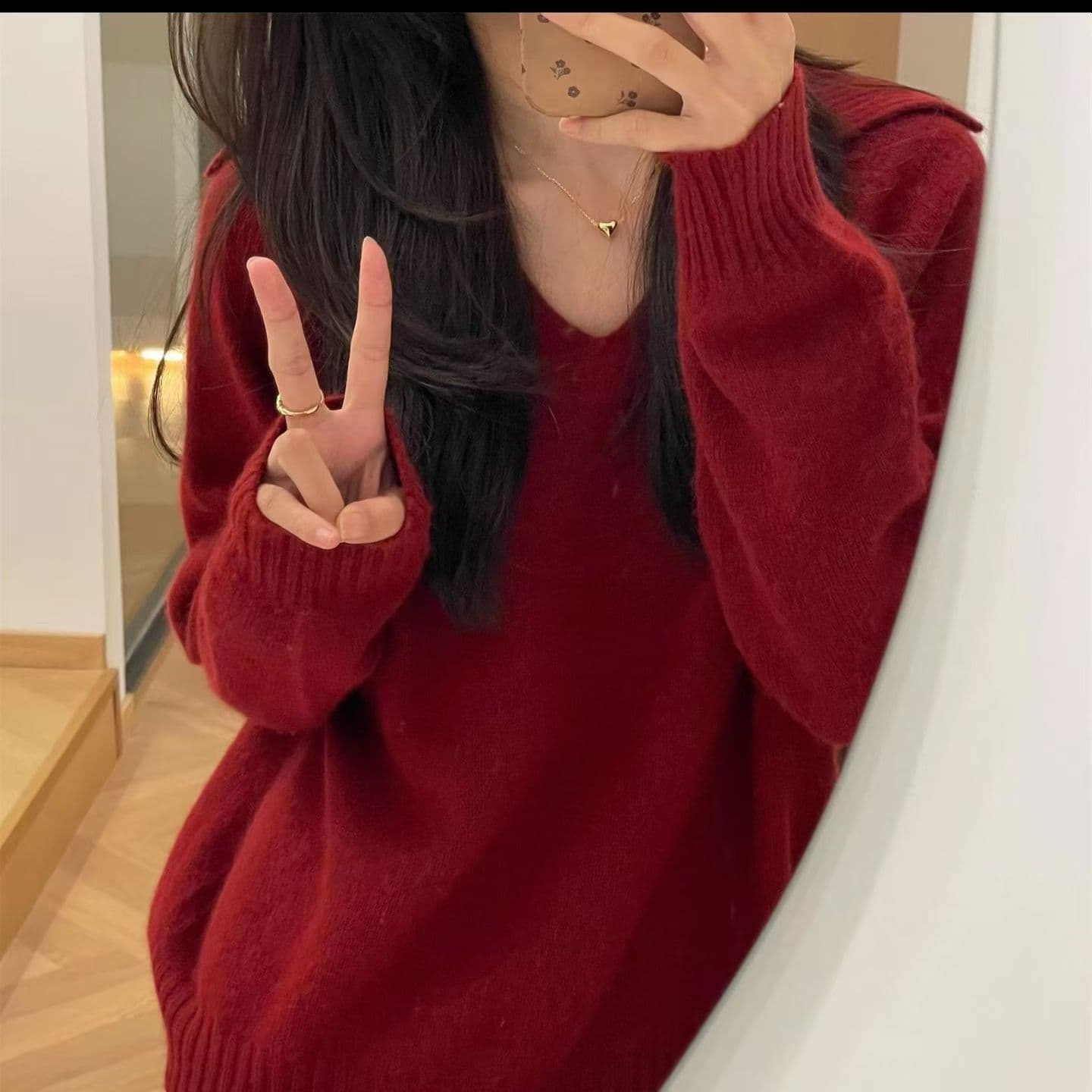missmarm 한 부서 빨간색 V넥 스웨터 여자 가을 겨울 느긋한 루즈핏 면 양모 니트 폴로 칼라 풀오버 맨위 상세 이미지 1