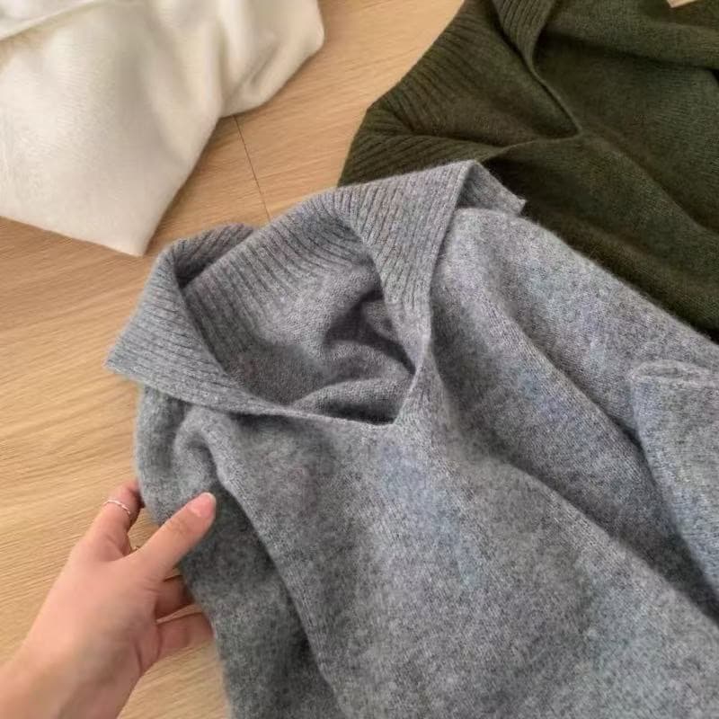 레트로 느긋한 녹색 POLO 칼라 폴로 칼라 스웨터 여자 가을 겨울 느슨함 센스 긴팔 풀오버 부드러운 찹쌀 니트 스웨터 맨위 상세 이미지 8