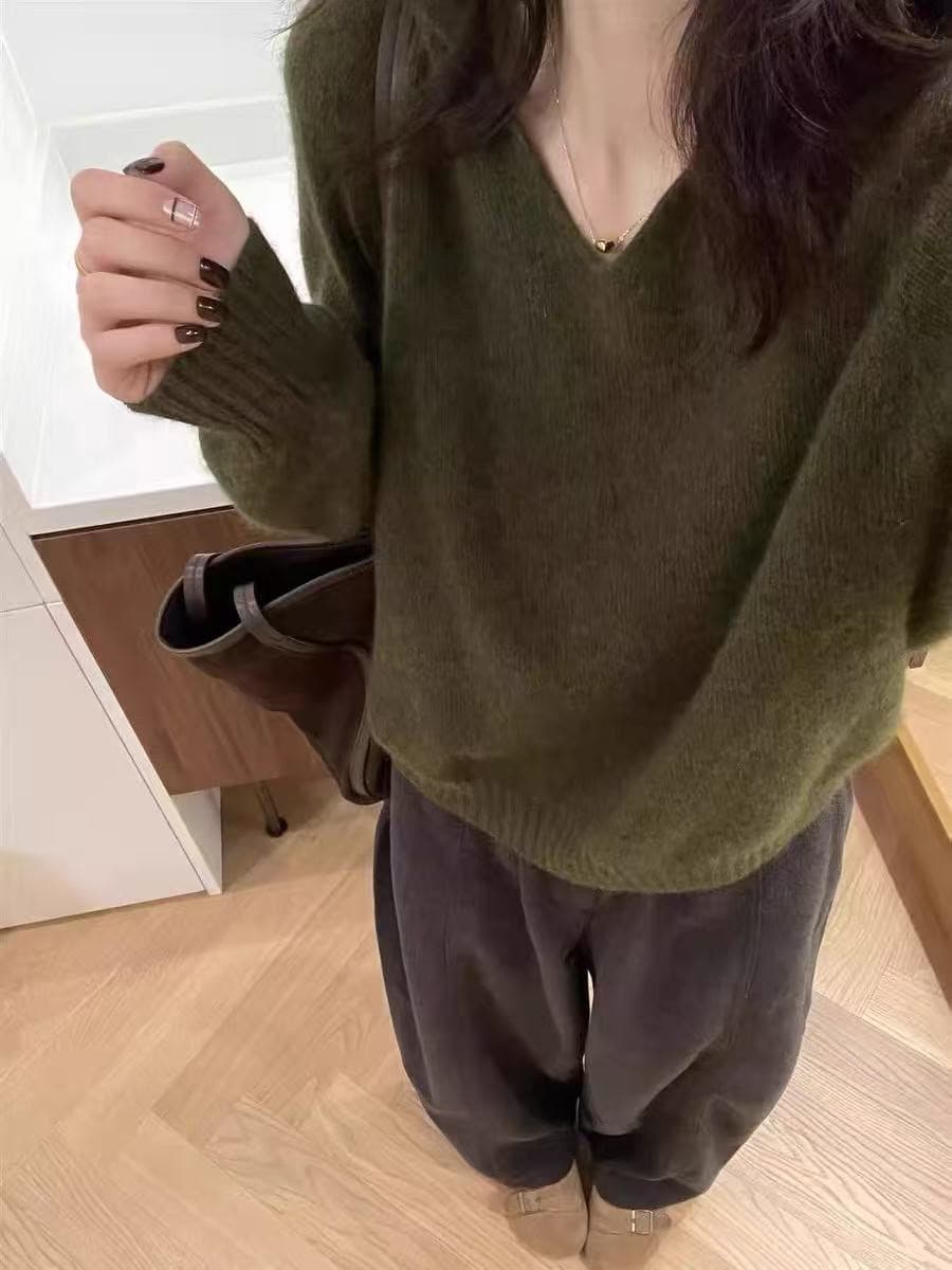 레트로 느긋한 녹색 POLO 칼라 폴로 칼라 스웨터 여자 가을 겨울 느슨함 센스 긴팔 풀오버 부드러운 찹쌀 니트 스웨터 맨위 상세 이미지 9