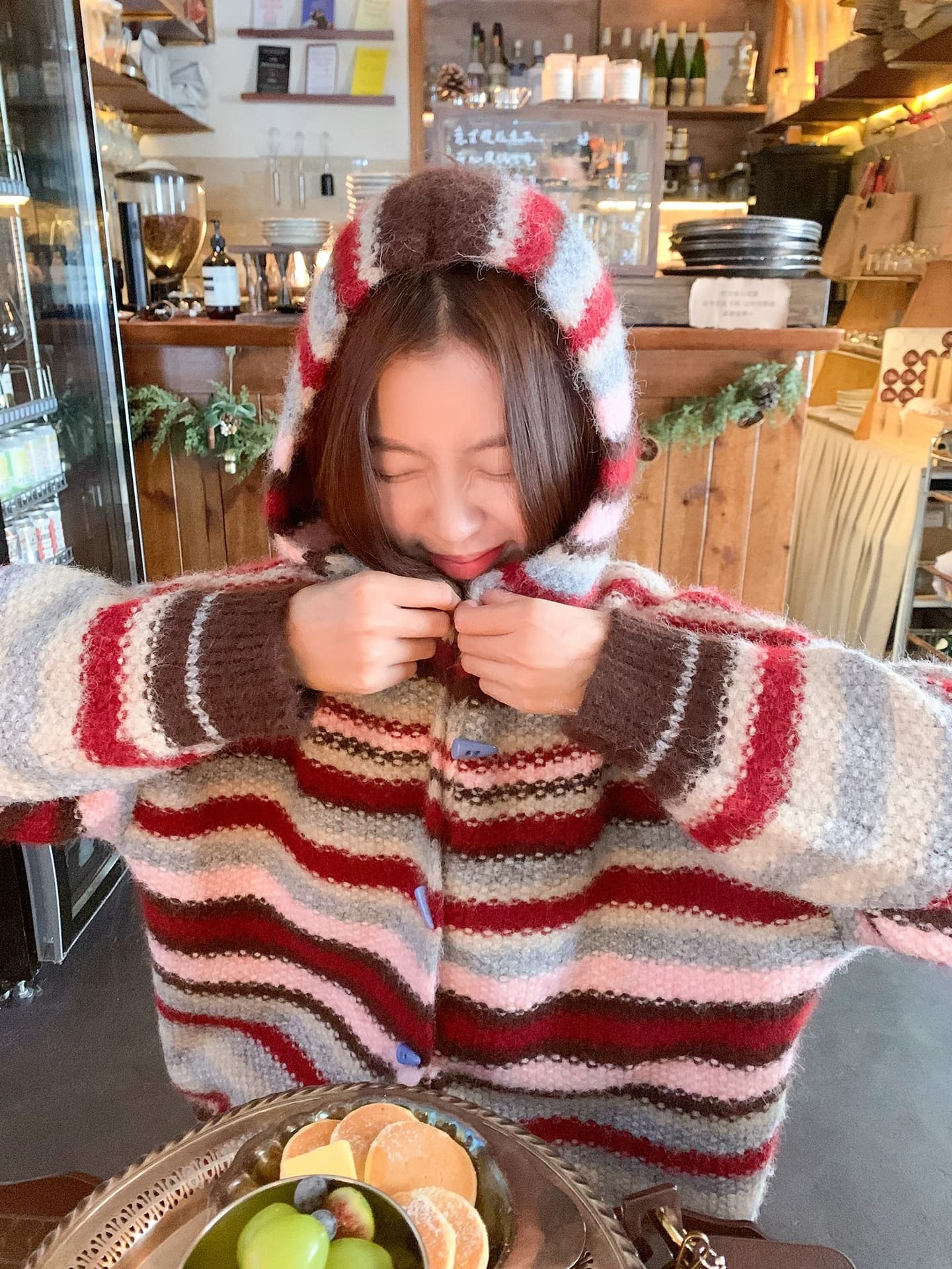 한 부서 빨간색 스트라이프 후드 스웨터 오픈 가디건 여성 가을 겨울철 루즈핏 느긋한 니트 재킷 맨위 이미지 4