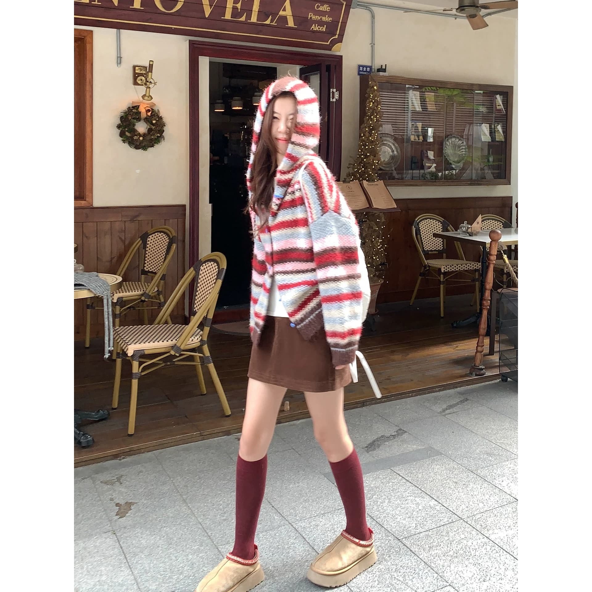 한 부서 빨간색 스트라이프 후드 스웨터 오픈 가디건 여성 가을 겨울철 루즈핏 느긋한 니트 재킷 맨위 이미지 5