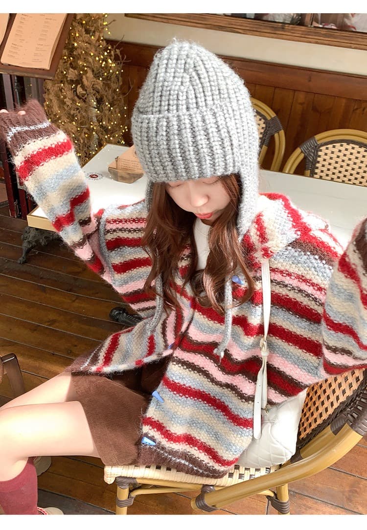 한 부서 빨간색 스트라이프 후드 스웨터 오픈 가디건 여성 가을 겨울철 루즈핏 느긋한 니트 재킷 맨위 상세 이미지 3