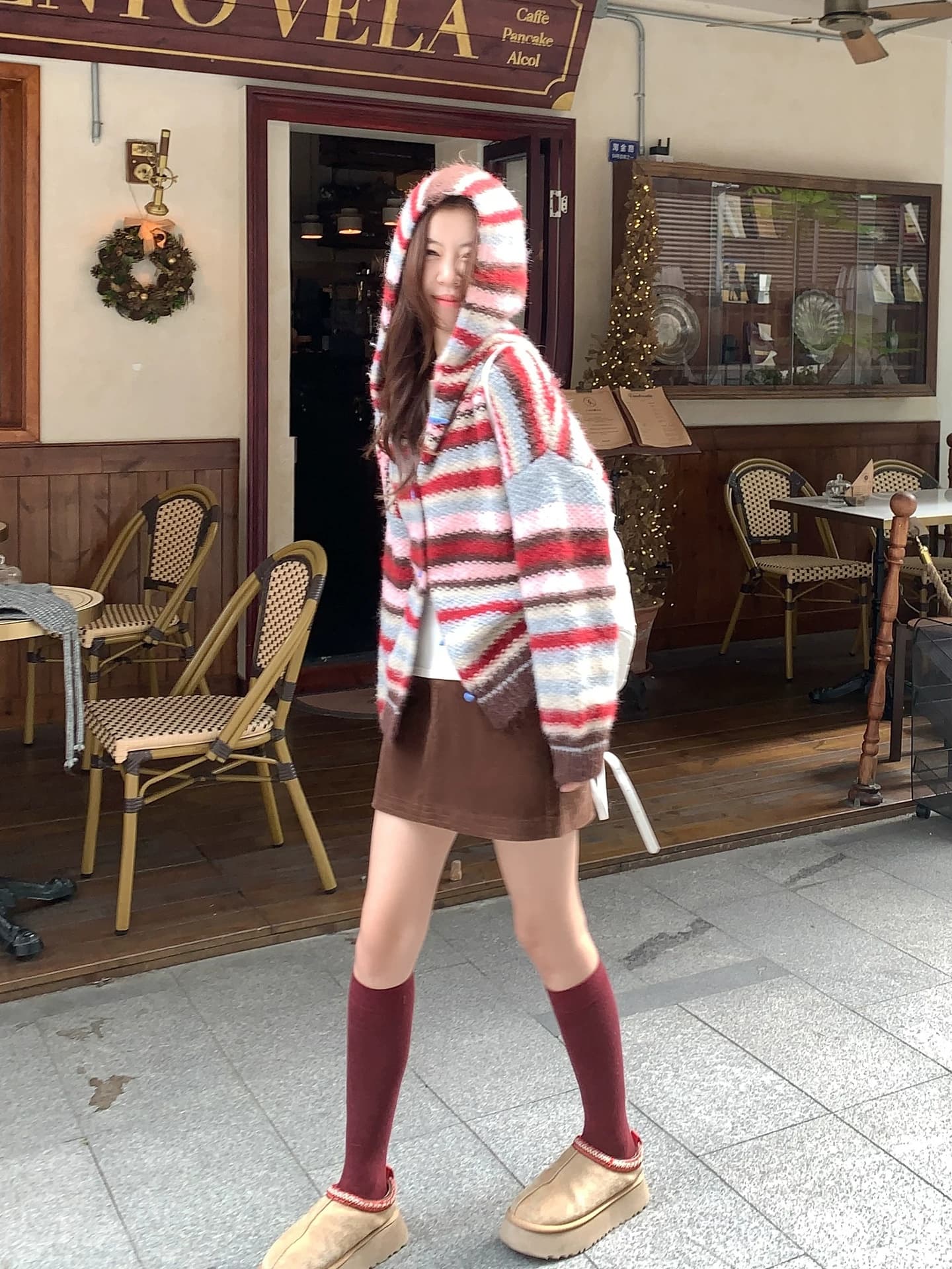 한 부서 빨간색 스트라이프 후드 스웨터 오픈 가디건 여성 가을 겨울철 루즈핏 느긋한 니트 재킷 맨위 상세 이미지 5