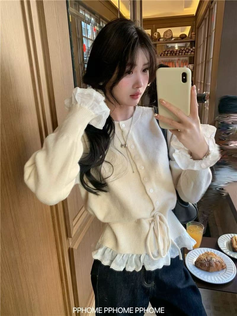 전체 점수 달콤한 학위 달콤함 레이스 패치워크 레이스업 펌프 로프 니트 스웨터 여성 이른 봄 라운드 넥 긴팔 스웨터 이미지 4