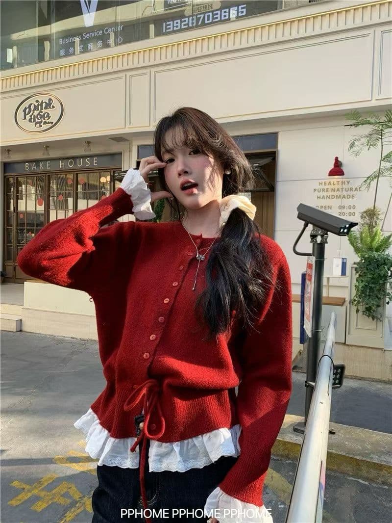 전체 점수 달콤한 학위 달콤함 레이스 패치워크 레이스업 펌프 로프 니트 스웨터 여성 이른 봄 라운드 넥 긴팔 스웨터 상세 이미지 2
