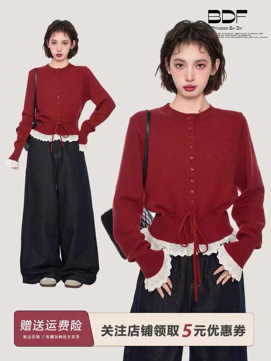 전체 점수 달콤한 학위 달콤함 레이스 패치워크 레이스업 펌프 로프 니트 스웨터 여성 이른 봄 라운드 넥 긴팔 스웨터 상세 이미지 8