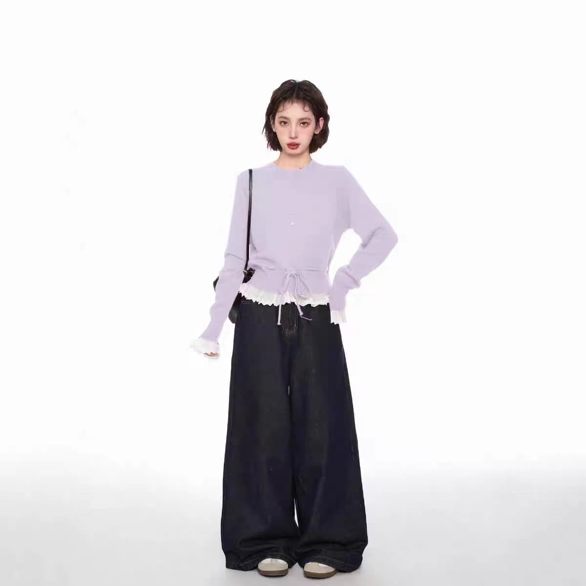 전체 점수 달콤한 학위 달콤함 레이스 패치워크 레이스업 펌프 로프 니트 스웨터 여성 이른 봄 라운드 넥 긴팔 스웨터 상세 이미지 9