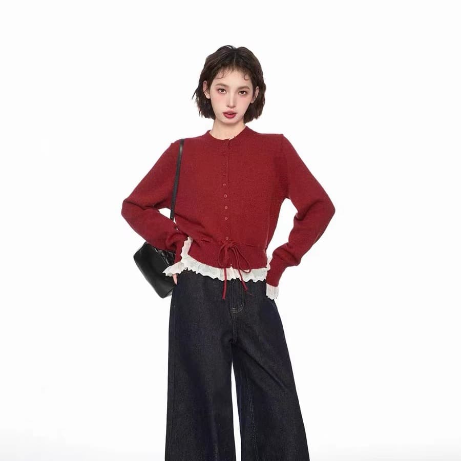 전체 점수 달콤한 학위 달콤함 레이스 패치워크 레이스업 펌프 로프 니트 스웨터 여성 이른 봄 라운드 넥 긴팔 스웨터 상세 이미지 10