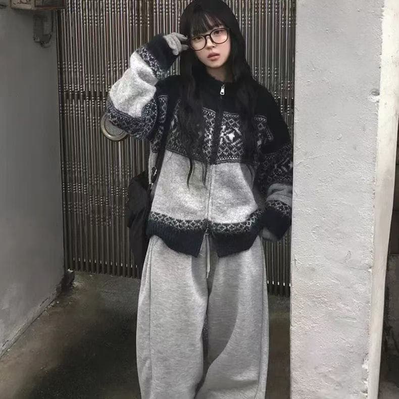 한 부서 레트로 공정한 섬 자카드 니트 스웨터 여성 가을 겨울철 새로운 부드러운 찹쌀 지퍼 다용도 오픈 가디건 루즈핏 스웨터 이미지 2
