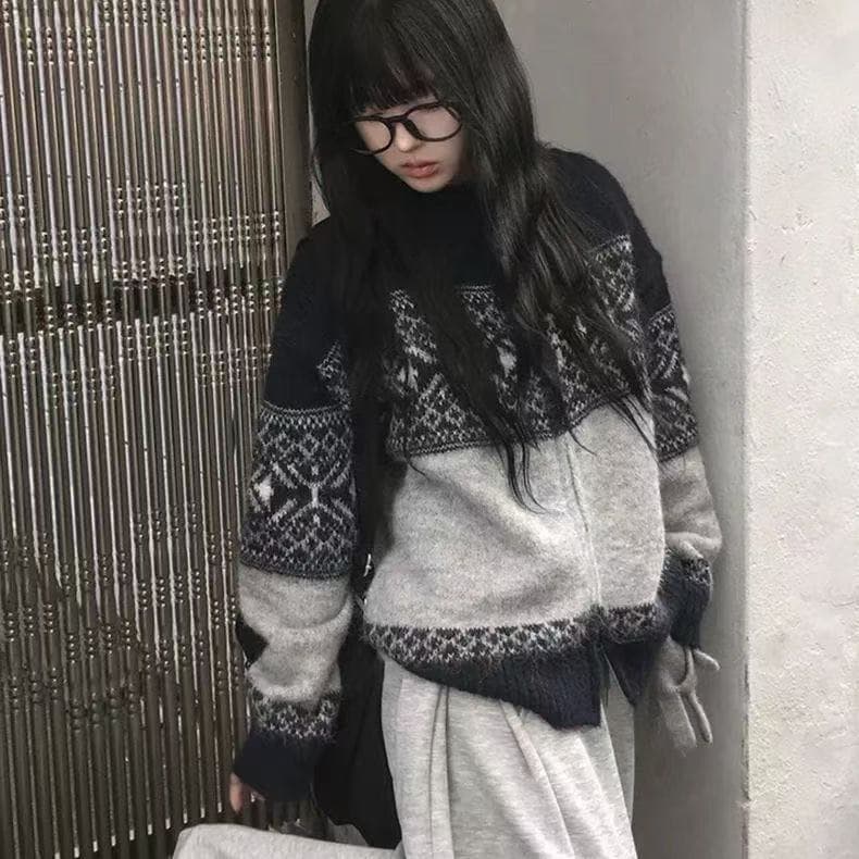한 부서 레트로 공정한 섬 자카드 니트 스웨터 여성 가을 겨울철 새로운 부드러운 찹쌀 지퍼 다용도 오픈 가디건 루즈핏 스웨터 상세 이미지 3